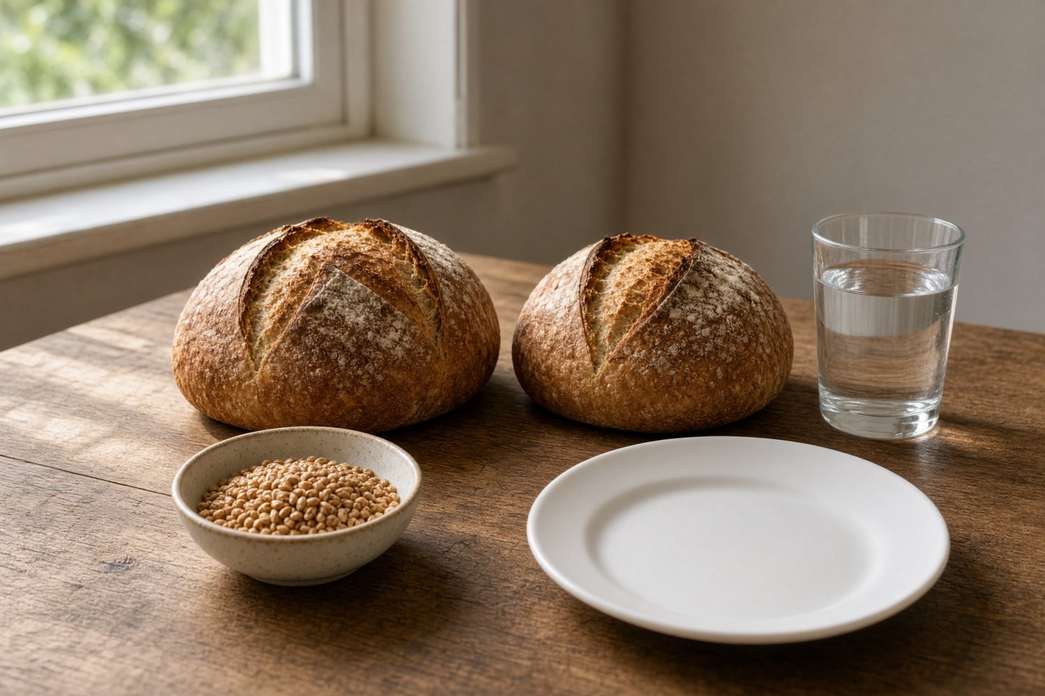 Two loaves, wheat grains and a glass of water.