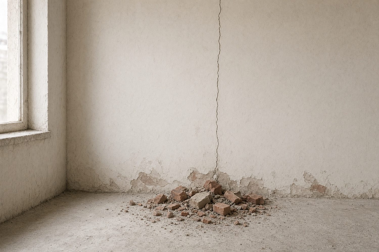 A crack in a plaster wall and fallen bricks.