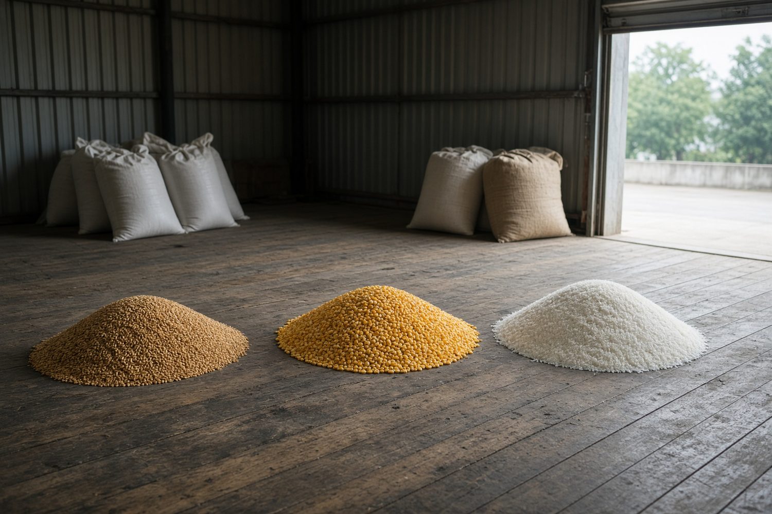 Piles of wheat, maize and rice on a warehouse floor.