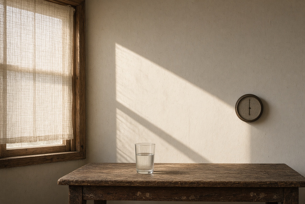 A glass of water and a wall thermometer in hard afternoon light.