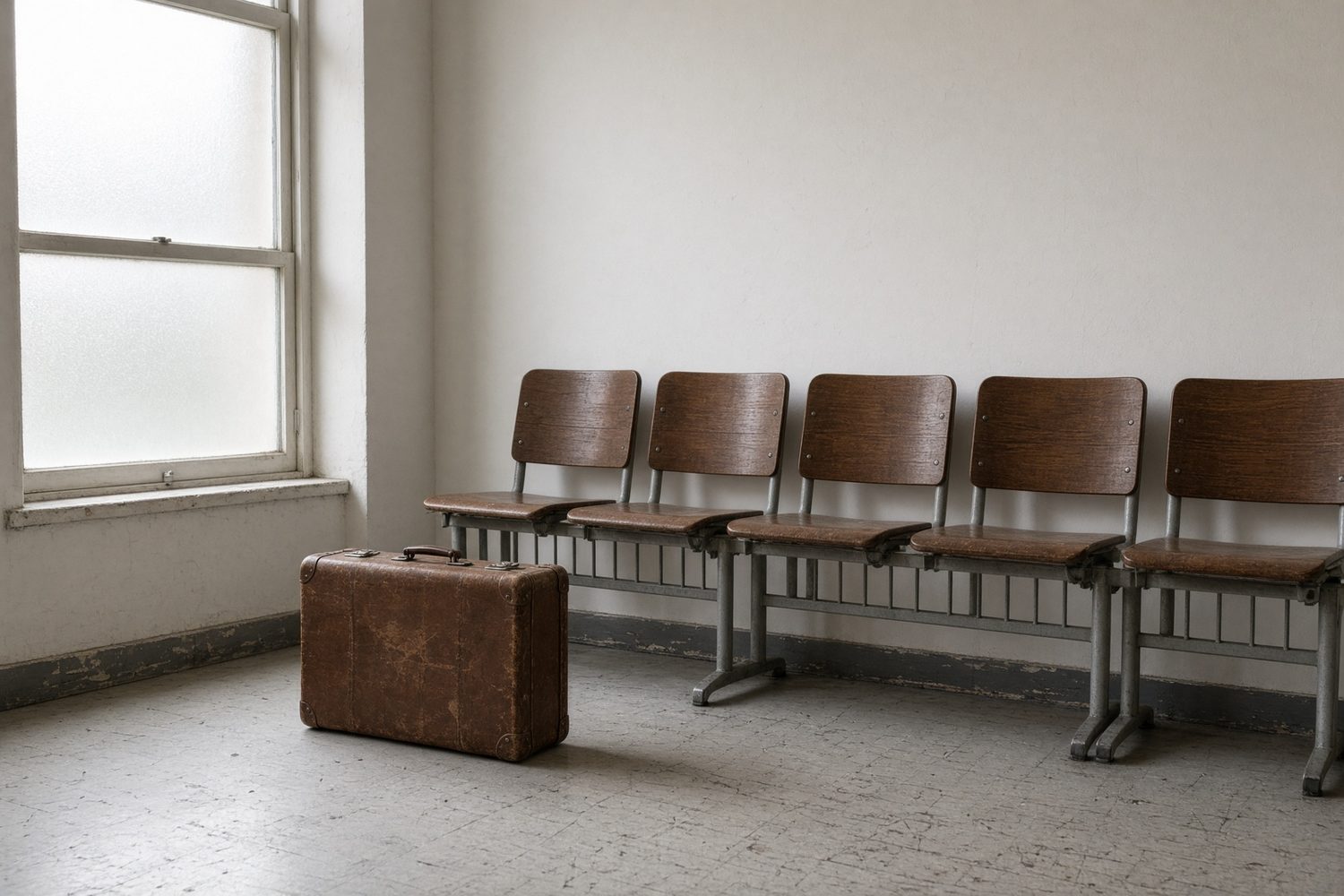 A worn suitcase beside empty chairs in a waiting room.