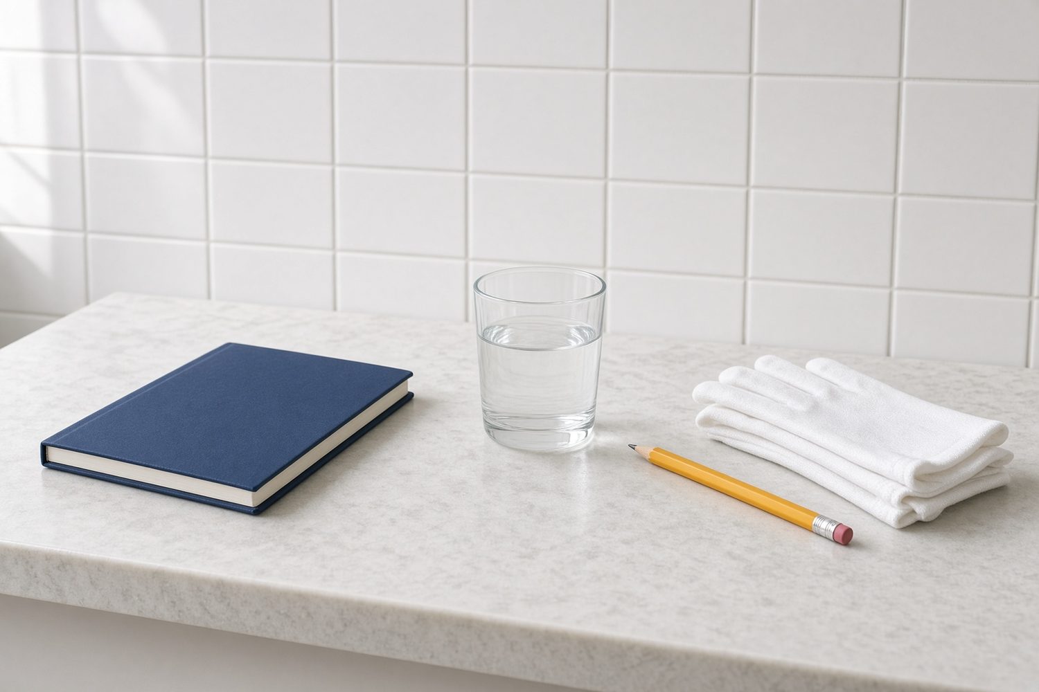 A closed notebook, a glass of water and cotton gloves.