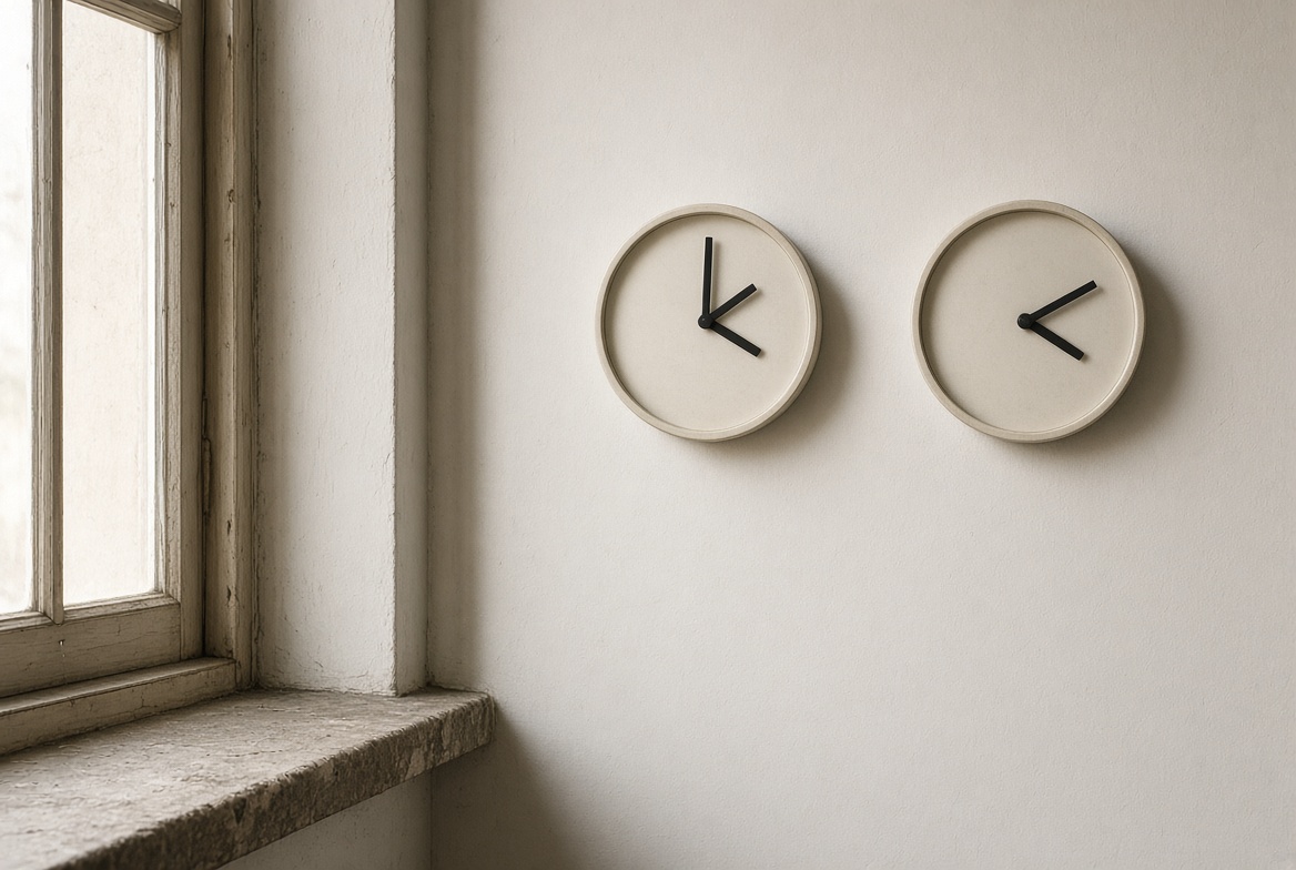 Two plain clocks on a wall, one hour apart.